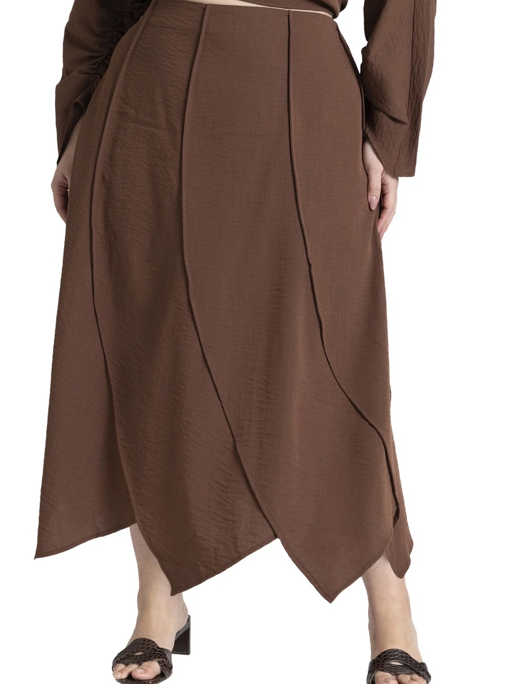 Eloquii Chocolate Brown Asymmetric Paneled Midi Skirt